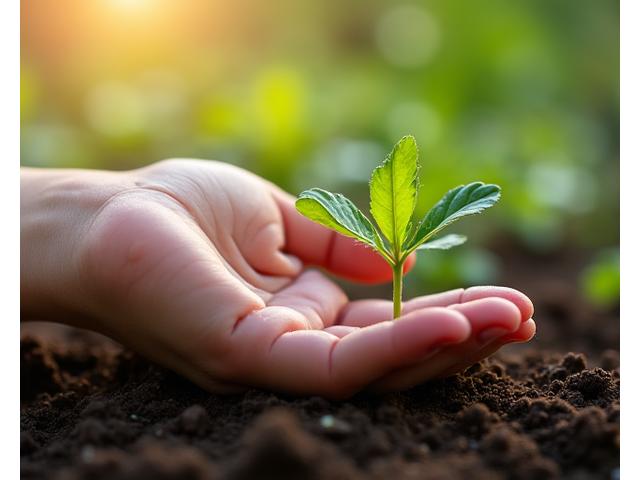 A young hand tenderly nurturing a small green sprout emerging from rich soil, symbolizing growth and new beginnings.