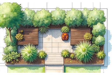 Sketch of a custom landscape design with plants and patio elements