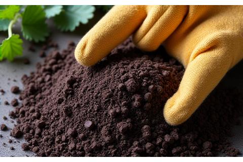 Rich, dark organic soil blend with gardening gloves