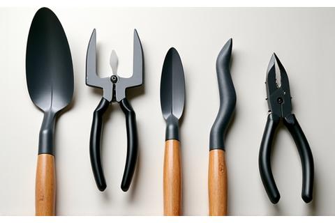 Modern, ergonomic gardening tools neatly arranged