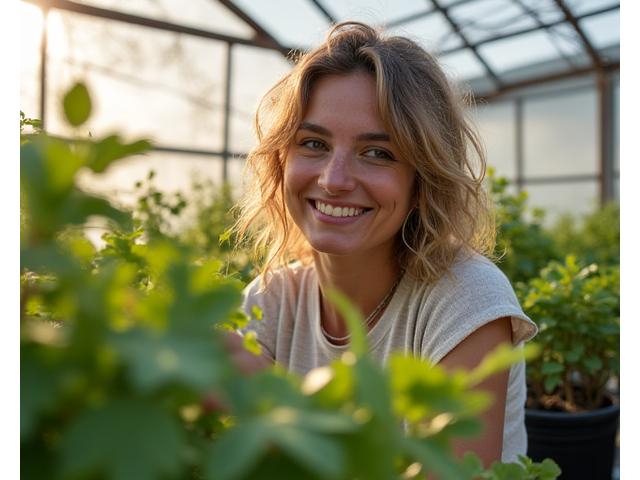 Founder Olivia Greenleaf tending to lush potted plants in a greenhouse