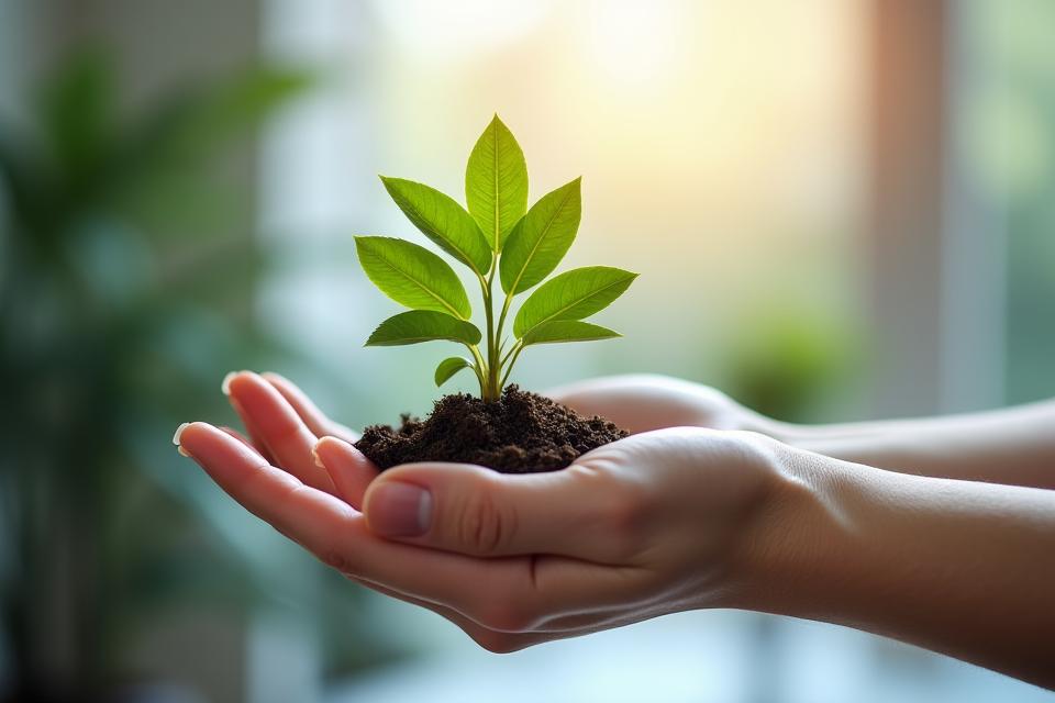 Close-up of a hand gently holding a small plant, symbolizing privacy and care for data. The plant is healthy and vibrant.