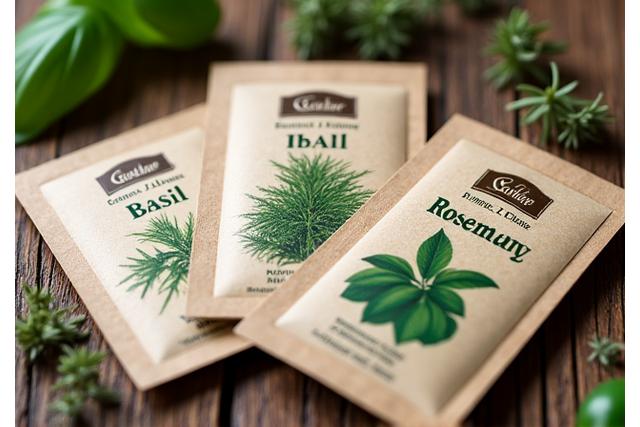 Various gourmet herb seeds in small packets