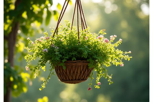 Decorative hanging basket with lush green plants