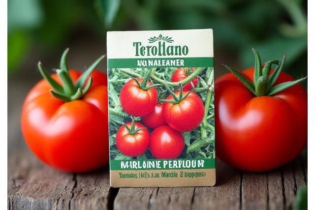 Packet of heirloom tomato seeds with ripe tomatoes