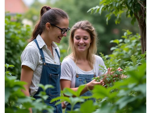 Expert botanist consulting with a client in a lush garden, pointing to a healthy plant.