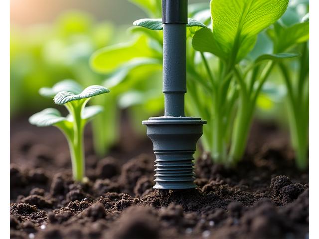 Close-up of a modern smart irrigation system dripping water onto plant roots in a healthy garden bed.