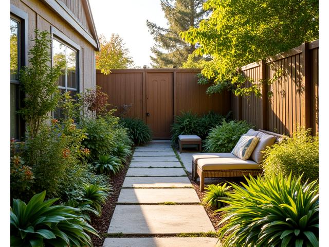 A beautifully designed backyard with lush plants, paving, and serene atmosphere after landscaping.